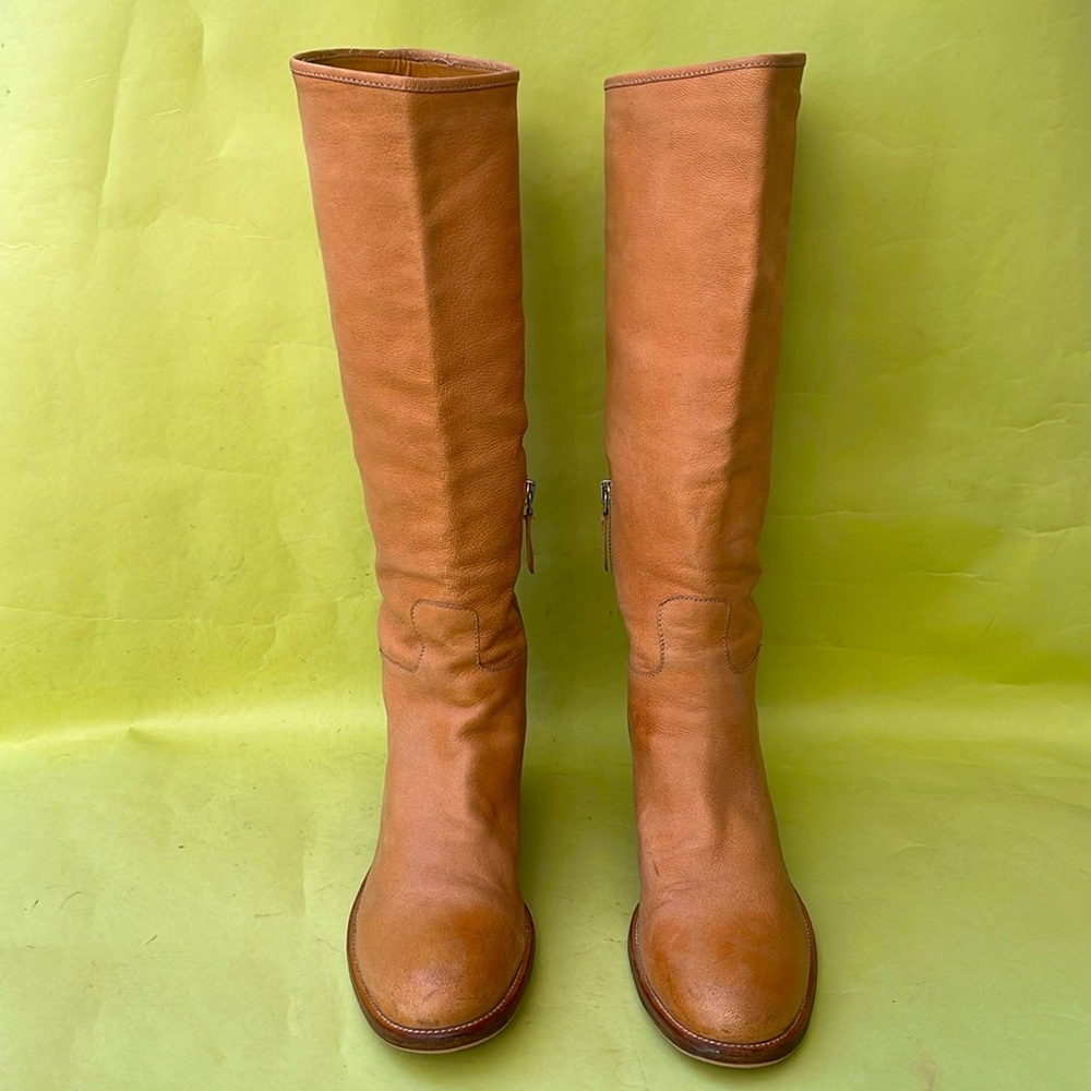 Orange/cream Prada pebbled all leather pull up riding boots - Picture 4 of 16